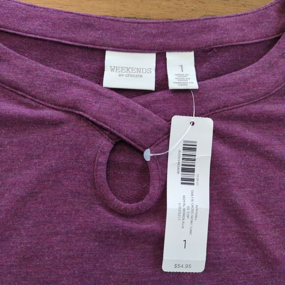 Chico's Purple Tunic Top Size‎ L Short Sleeve Keyhole Neckline Side Pockets - Picture 6 of 13